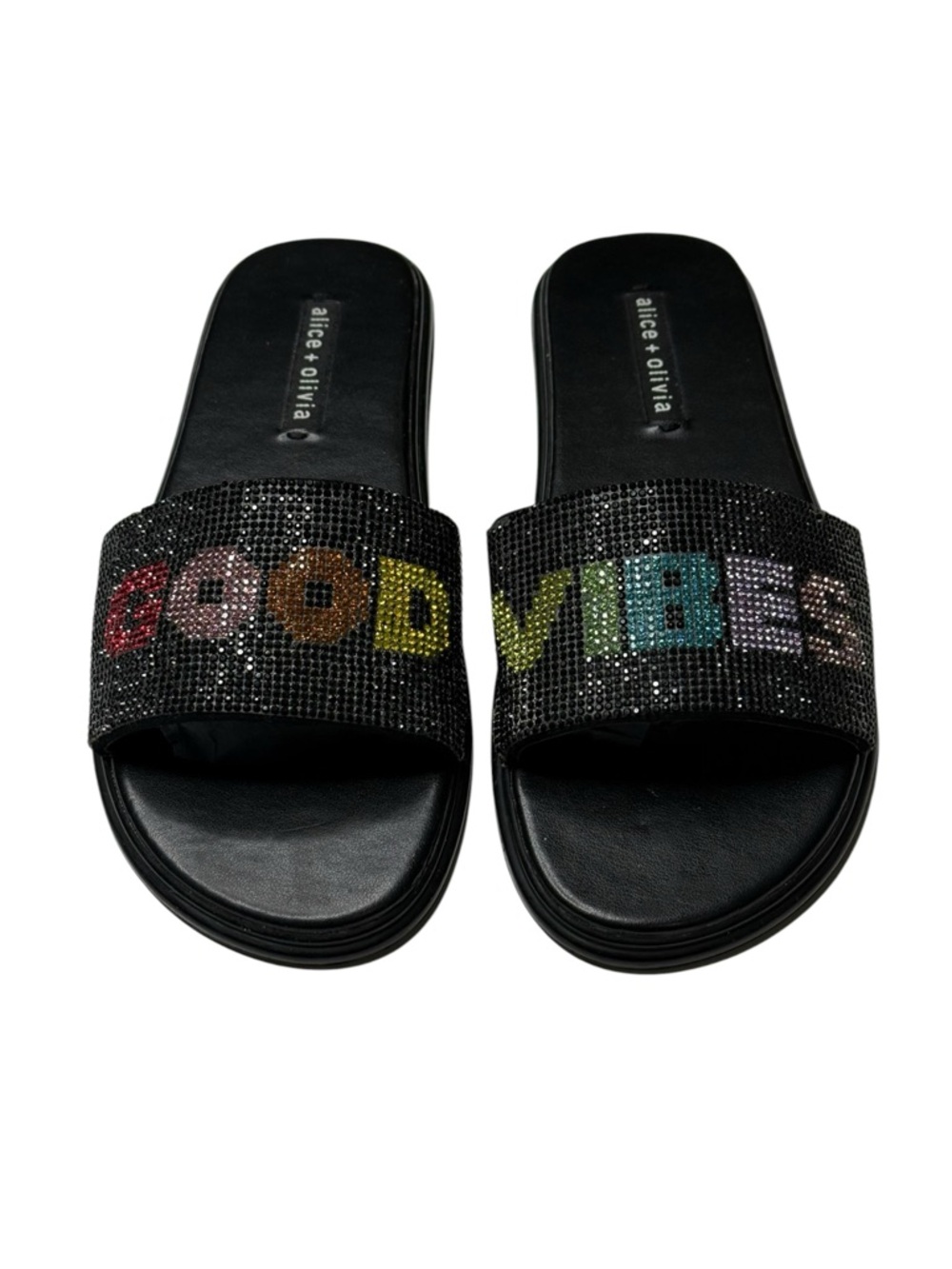HTF: Alice + Olivia 𖦹 Tatum Good Vibes Slide Crystal Sandals 𖦹 Black 𖦹 7.5M 𖦹 - Picture 15 of 16